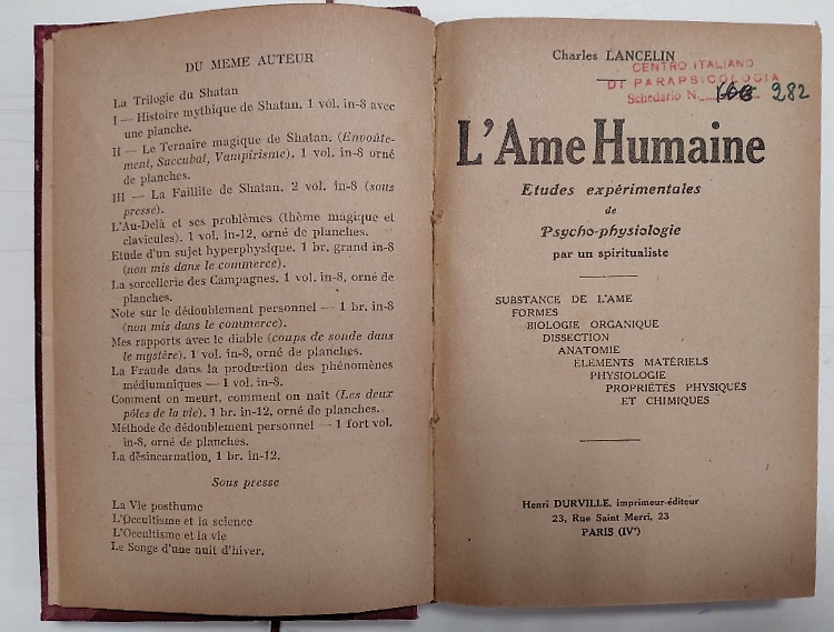 L' Ame humaine. Erudes esperimentales de Psycho-psysiologie par un spiritualiste