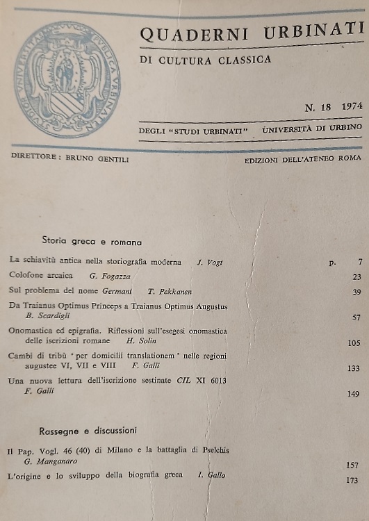 Quaderni urbinati di cultura classica. N. 18, 1974. Storia greca e romana.