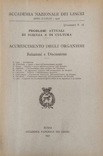 9788821805578-Accrescimento degli organismi. Relazioni e Discussione. Anno CCCXLIX, 1952.